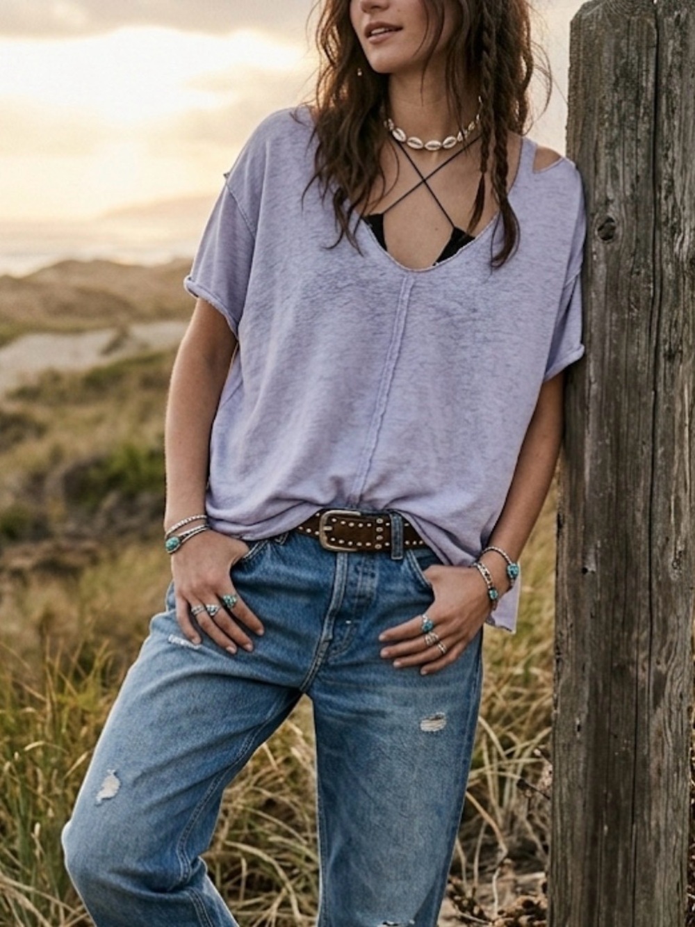 Free People Blue Moon Oversized Linen Blend Tee Distressed V-Neck Over U Tee M